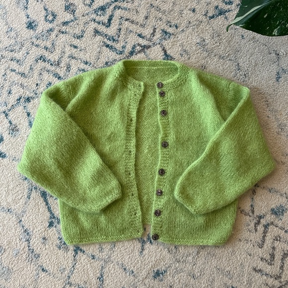 Hand Knitted Lime Green Mohair Cardigan - Button down - Size L - Picture 2 of 7